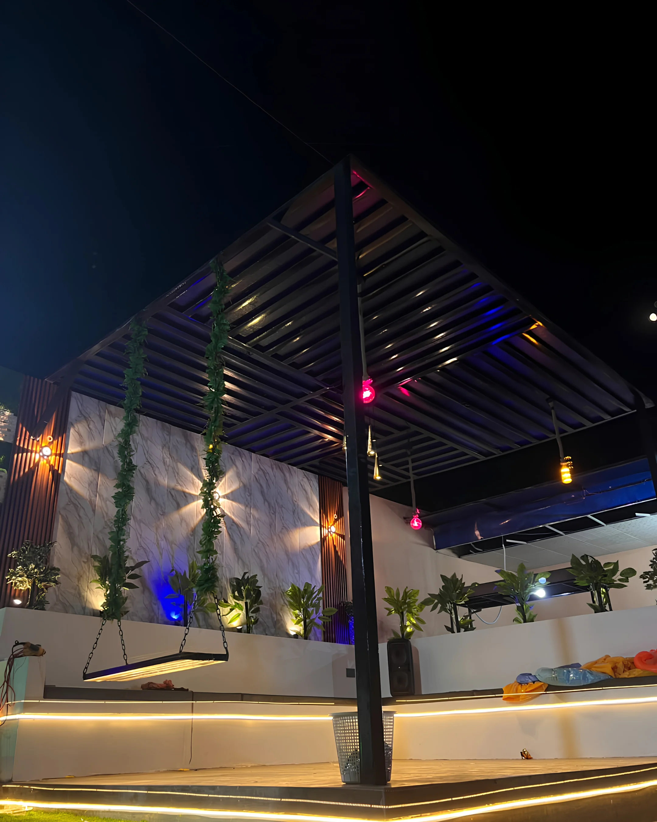 MB Farm 1 pergola swing lounge at night